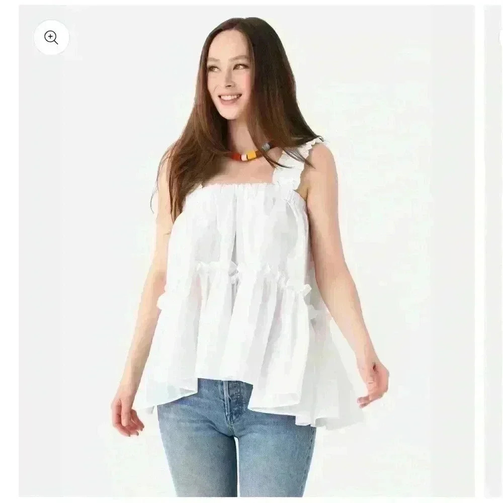 Brogger Olive Top White Tiered Ruffle Square Neck High Low Flouncy NWT Small